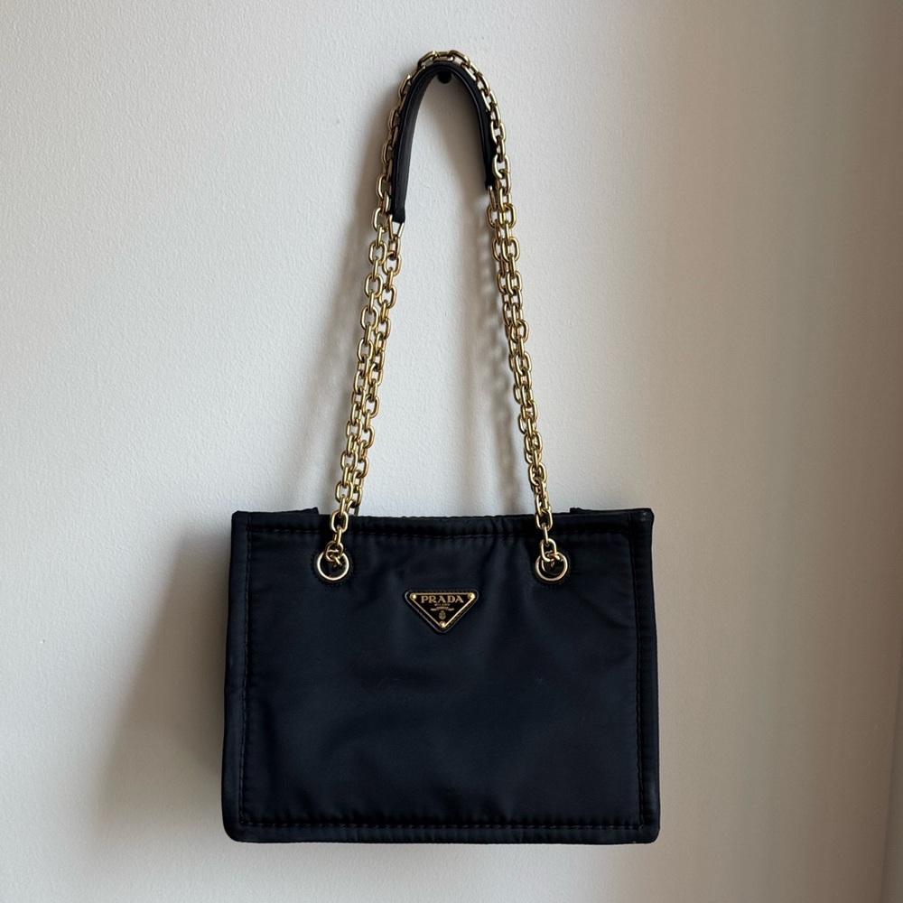 Prada Black Nylon Shoulder Bag with Gold Chain